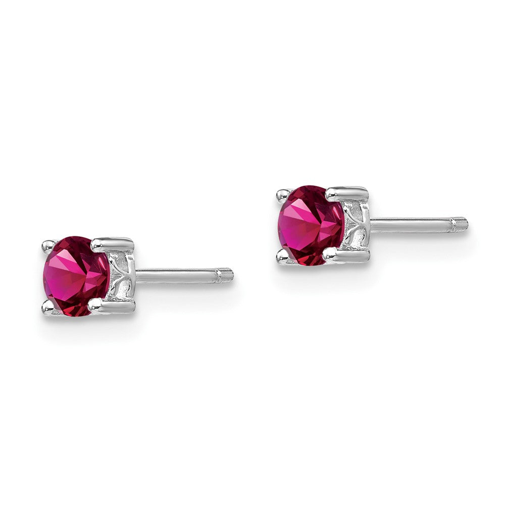 Sterling Silver Rhodium-Plated 4mm Round Created Ruby Post Earrings