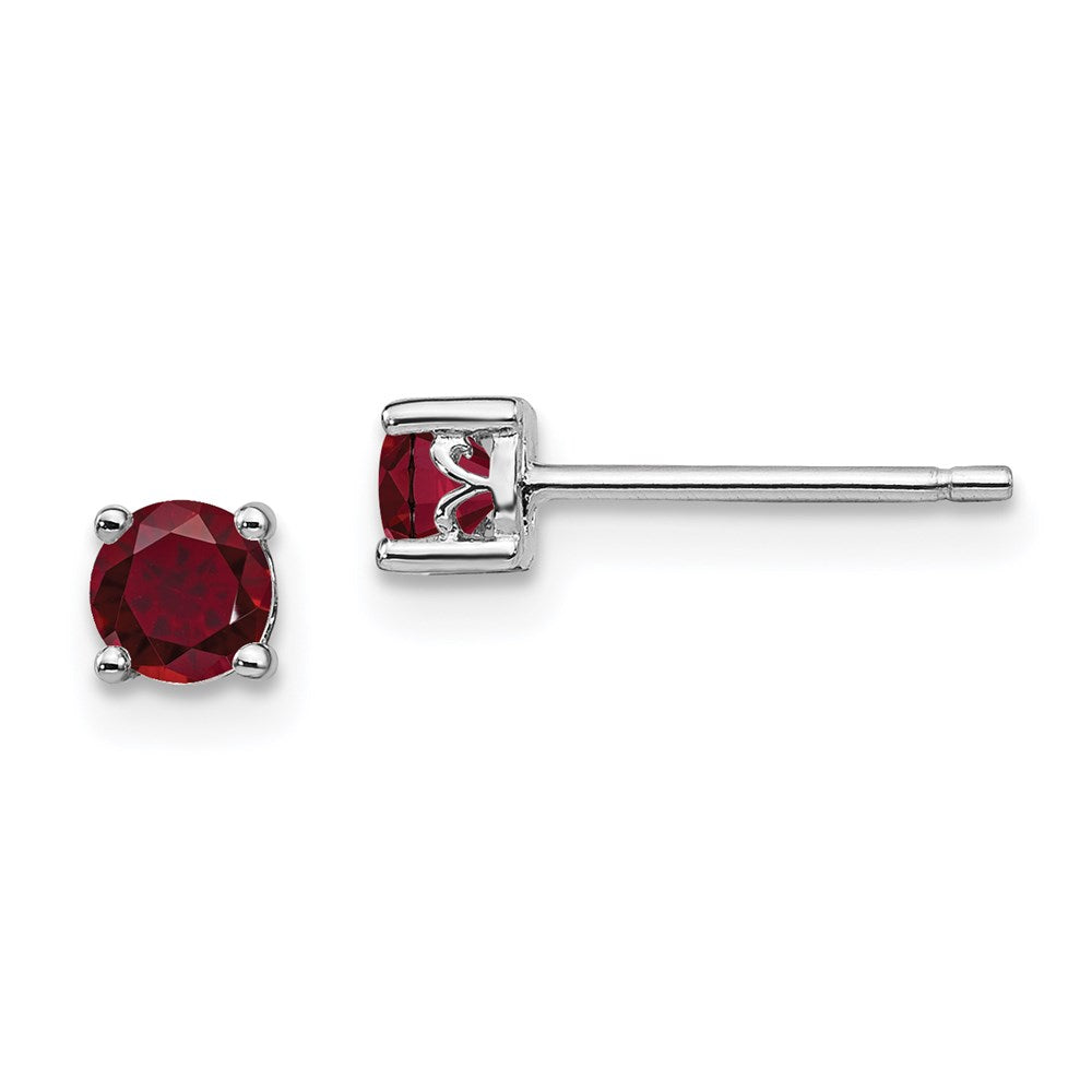 Sterling Silver Rhodium-Plated 4mm Round Created Ruby Post Earrings