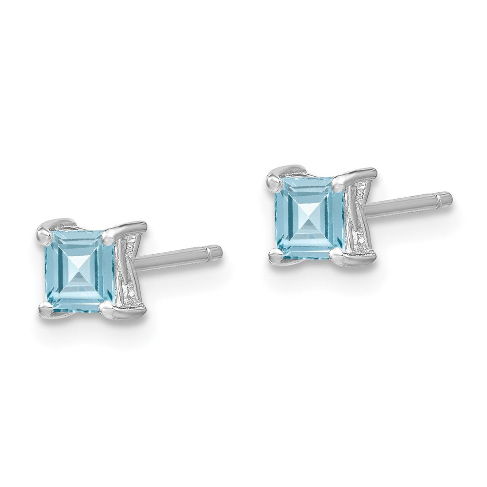 Sterling Silver Rhodium-Plated 4mm Princess Aquamarine Post Earrings