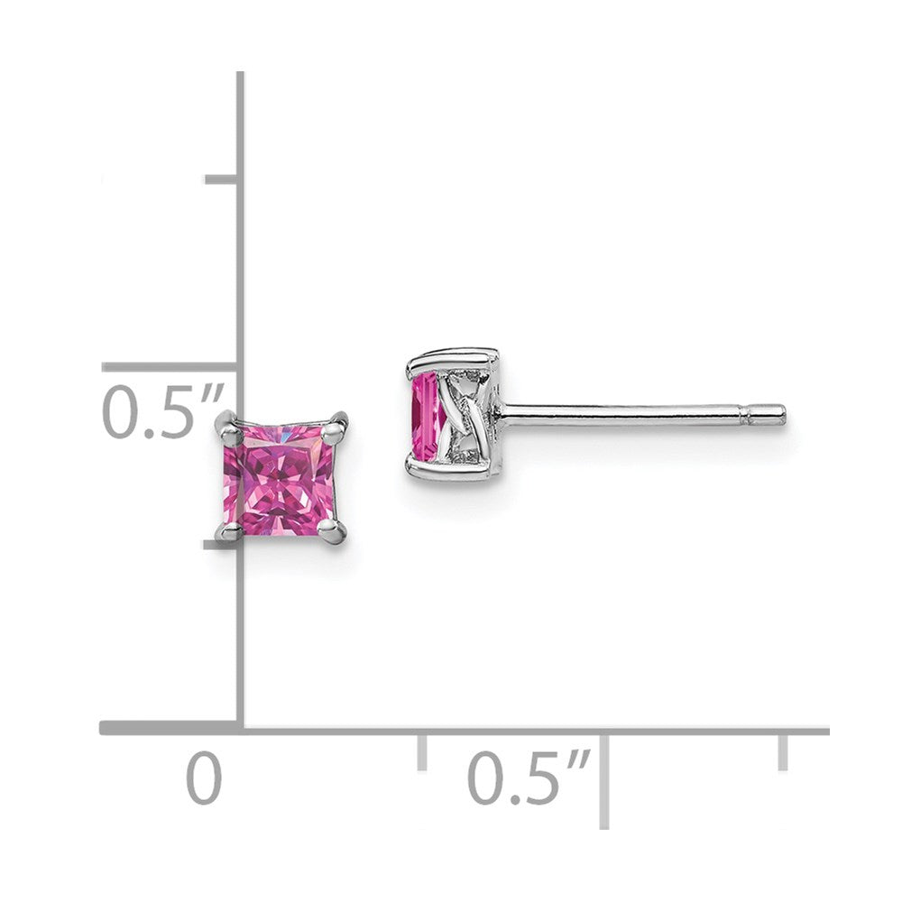 Sterling Silver Rhod-Pltd 4mm Princess Cr. Pink Sapphire Post Earrings