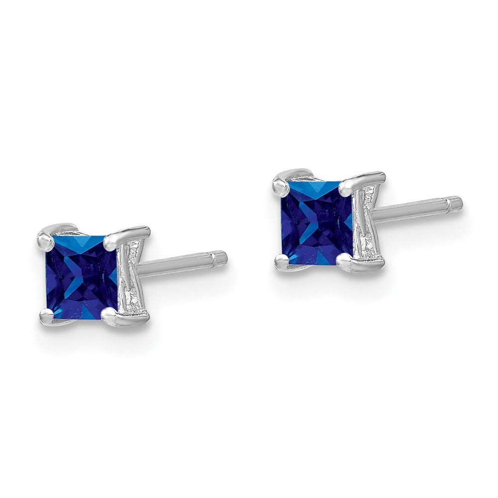 Sterling Silver Rhod-Pltd 4mm Princess Created Sapphire Post Earrings