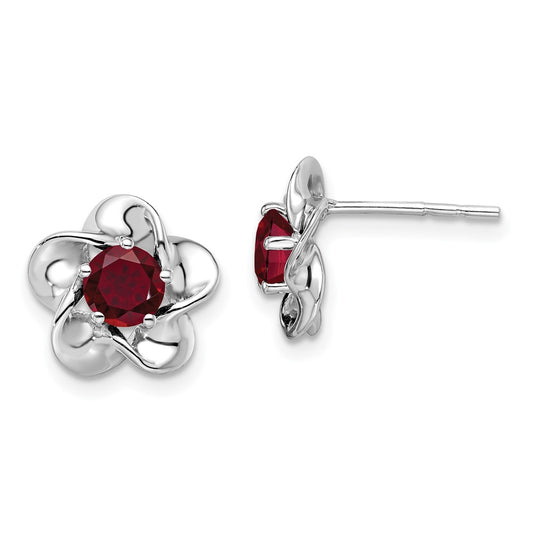 Sterling Silver Rhodium-Plated Floral Created Ruby Post Earrings