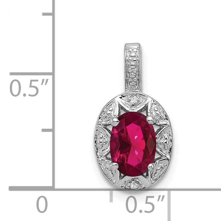 Sterling Silver Rhodium-Plated Diam. & Created Ruby Pendant