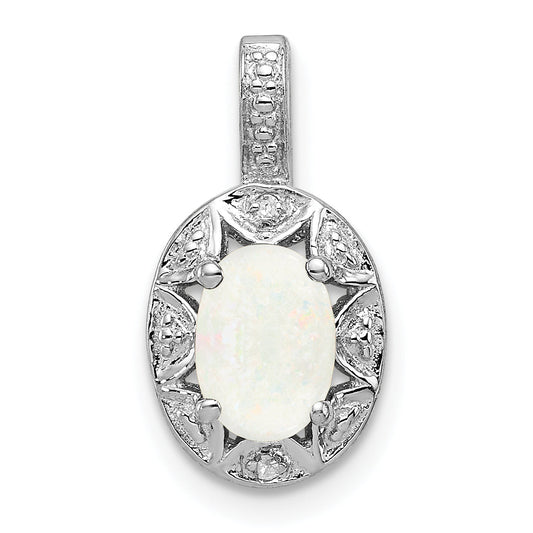Sterling Silver Rhodium-Plated Diam. & Created Opal Pendant