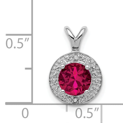 Sterling Silver Rhodium Plated Lab Created Ruby And .010 Ctw Diamond Halo Pendant