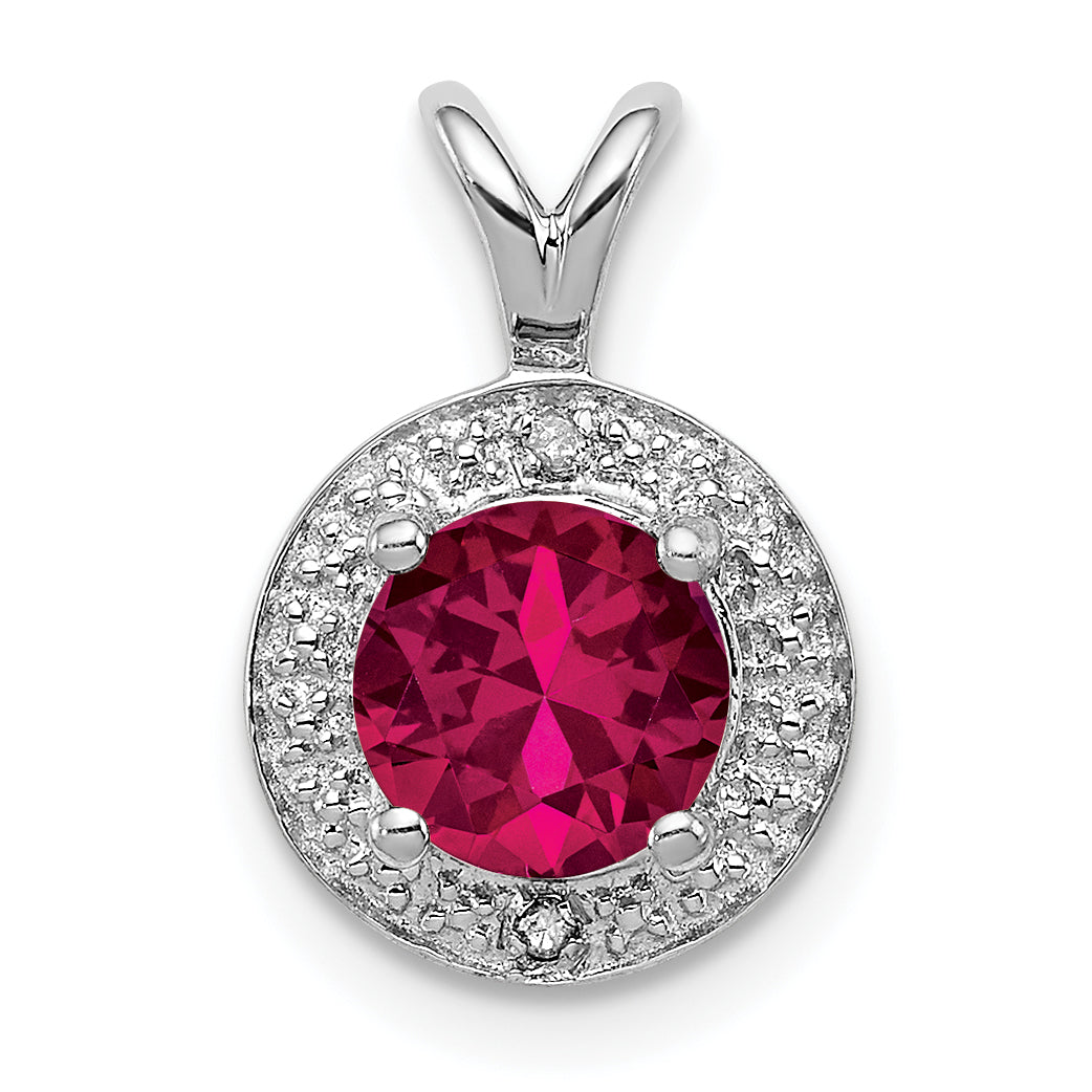 Sterling Silver Rhodium Plated Lab Created Ruby And .010 Ctw Diamond Halo Pendant