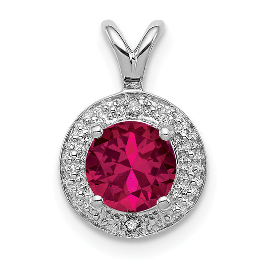Sterling Silver Rhodium Plated Lab Created Ruby And .010 Ctw Diamond Halo Pendant
