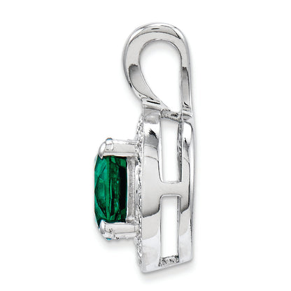 Sterling Silver Rhodium-Plated Diam. & Created Emerald Pendant