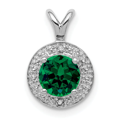 Sterling Silver Rhodium-Plated Diam. & Created Emerald Pendant
