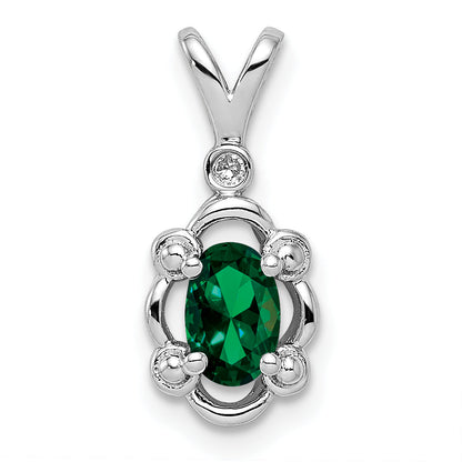 Sterling Silver Rhodium-Plated Created Emerald & Diam. Pendant