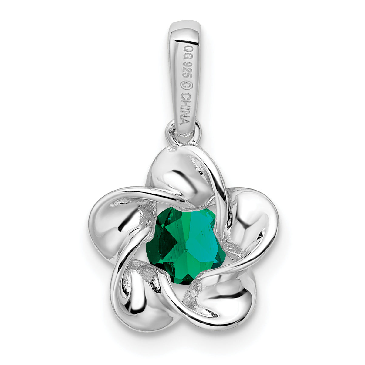 Sterling Silver Rhodium-Plated Floral Created Emerald Pendant