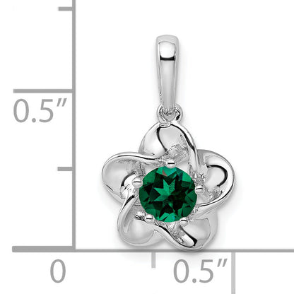 Sterling Silver Rhodium-Plated Floral Created Emerald Pendant