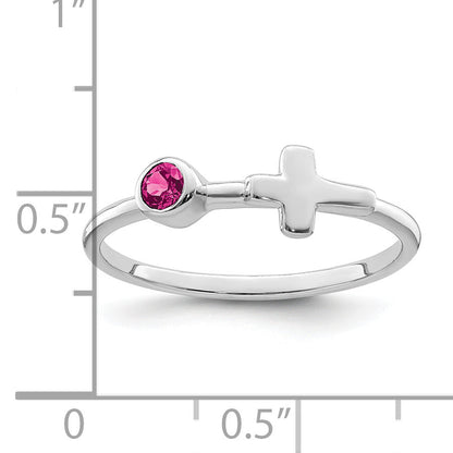 Sterling Silver Rhodium-Plated Polished Cross Pink Tourmaline Ring
