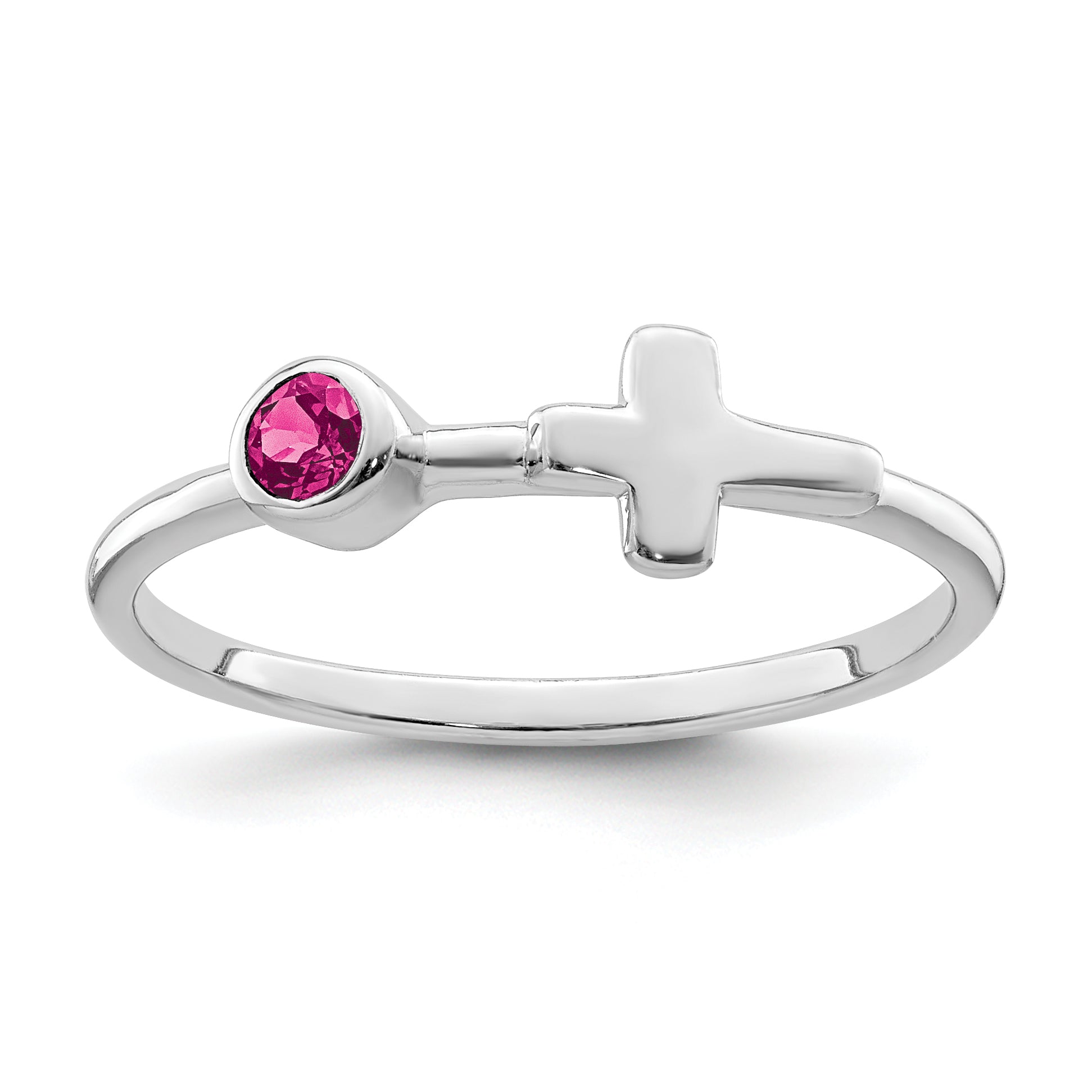 Sterling Silver Rhodium-Plated Polished Cross Pink Tourmaline Ring