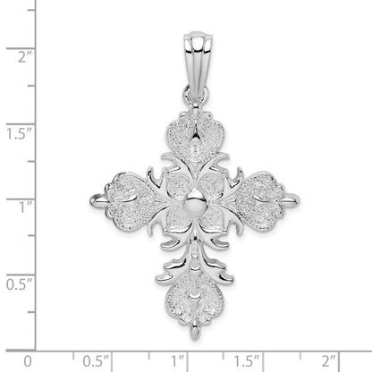 Sterling Silver De-Ani Rhodium-Plated Polished And Textured Fleur De Lis Cross Pendant