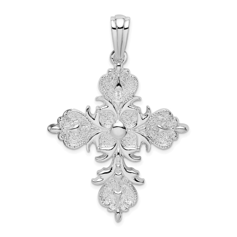 Sterling Silver De-Ani Rhodium-Plated Polished And Textured Fleur De Lis Cross Pendant