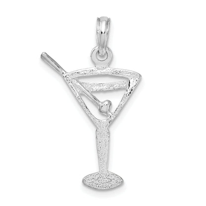 Sterling Silver De-Ani Rhodium-Plated Polished Cut-Out Martini With Olive Pendant