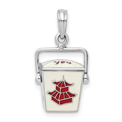 Sterling Silver De-Ani Rhodium-Plated 3D Moveable Enameled Chinese Takeout Pendant