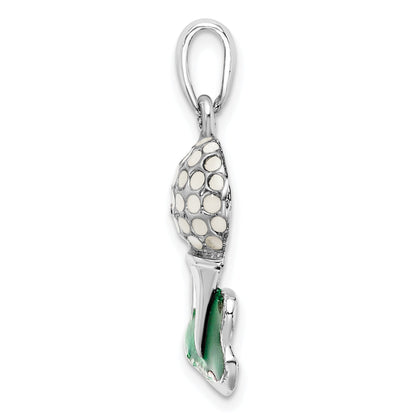 Sterling Silver De-Ani Rhodium-Plated Polished Enameled Golf Ball With Tee Pendant