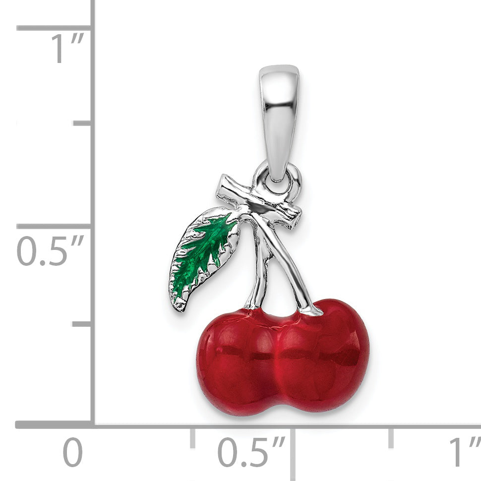 Sterling Silver De-Ani Rhodium-Plated Polished 3D Enameled Cherries Pendant