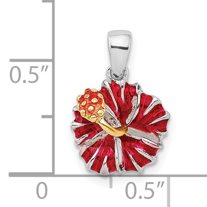 Sterling Silver De-Ani Rhodium-Plated Polished Enameled Red Hibiscus Pendant
