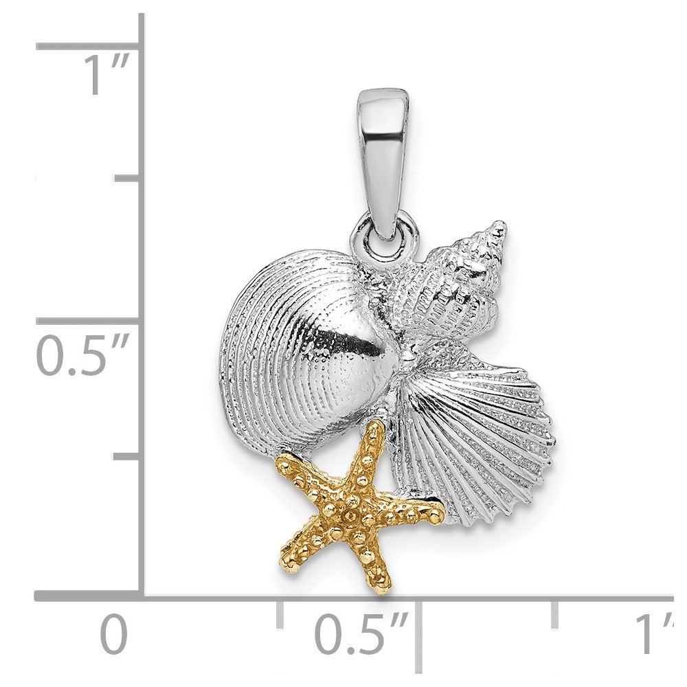 Silver/14K Two-Tone De-Ani Sterling Silver Rhodium-Plated Polished Shells With 14K Starfish Pendant