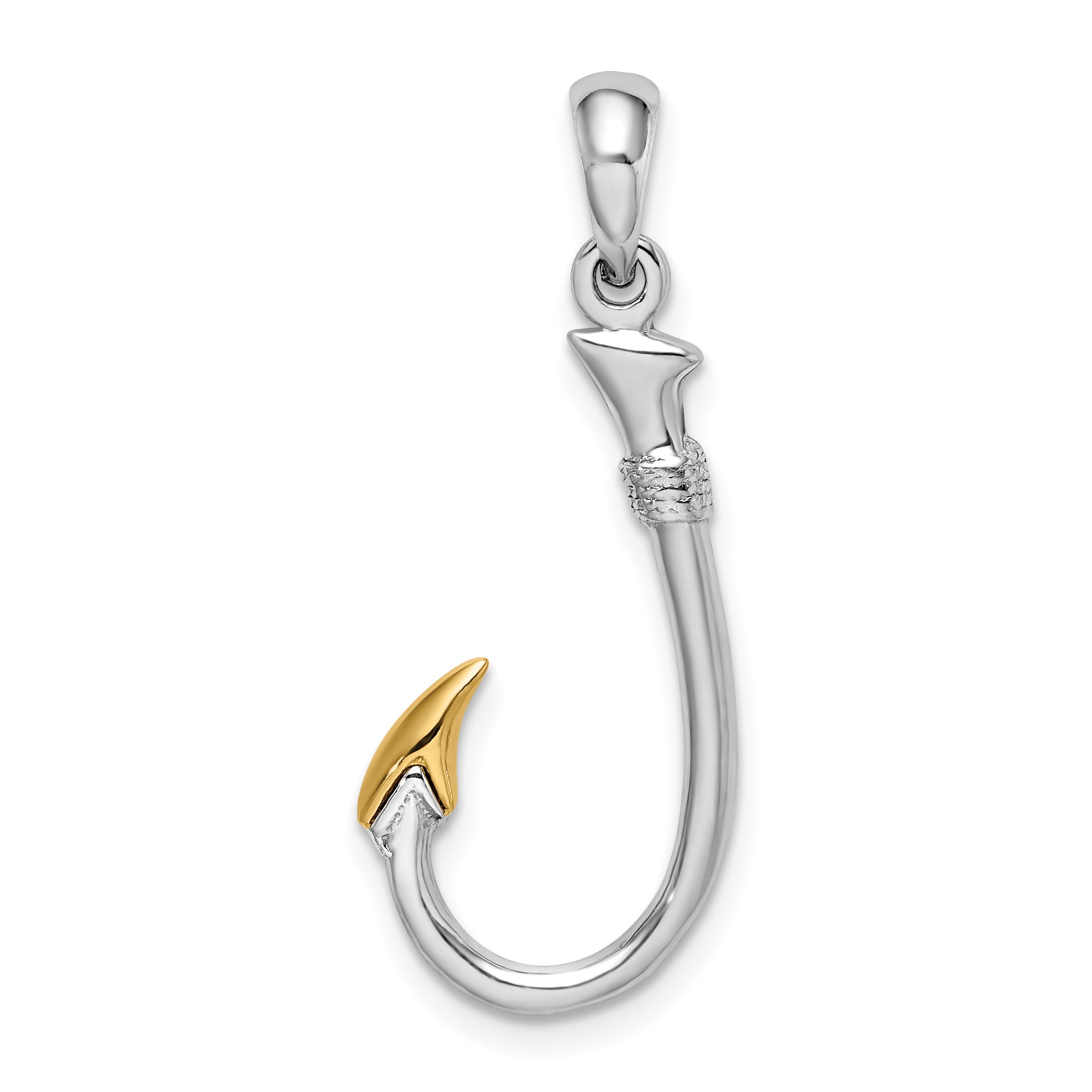 Silver/14K Two-Tone De-Ani Sterling Silver Rhodium-Plated 3D Fish Hook With 14K Accent Pendant