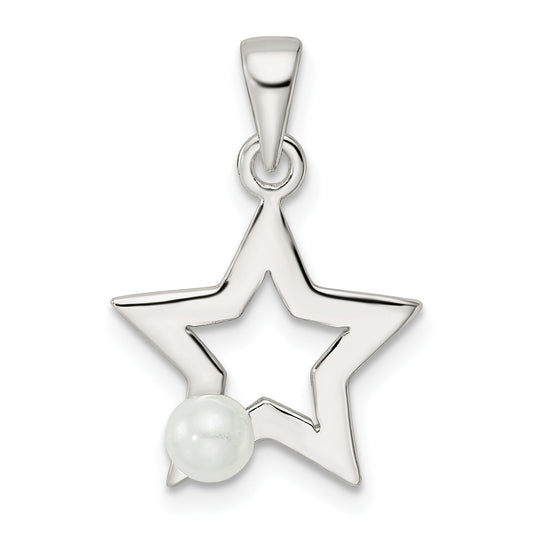 Sterling Silver Rhodium-Plated Polished Imitation Pearl Star Pendant