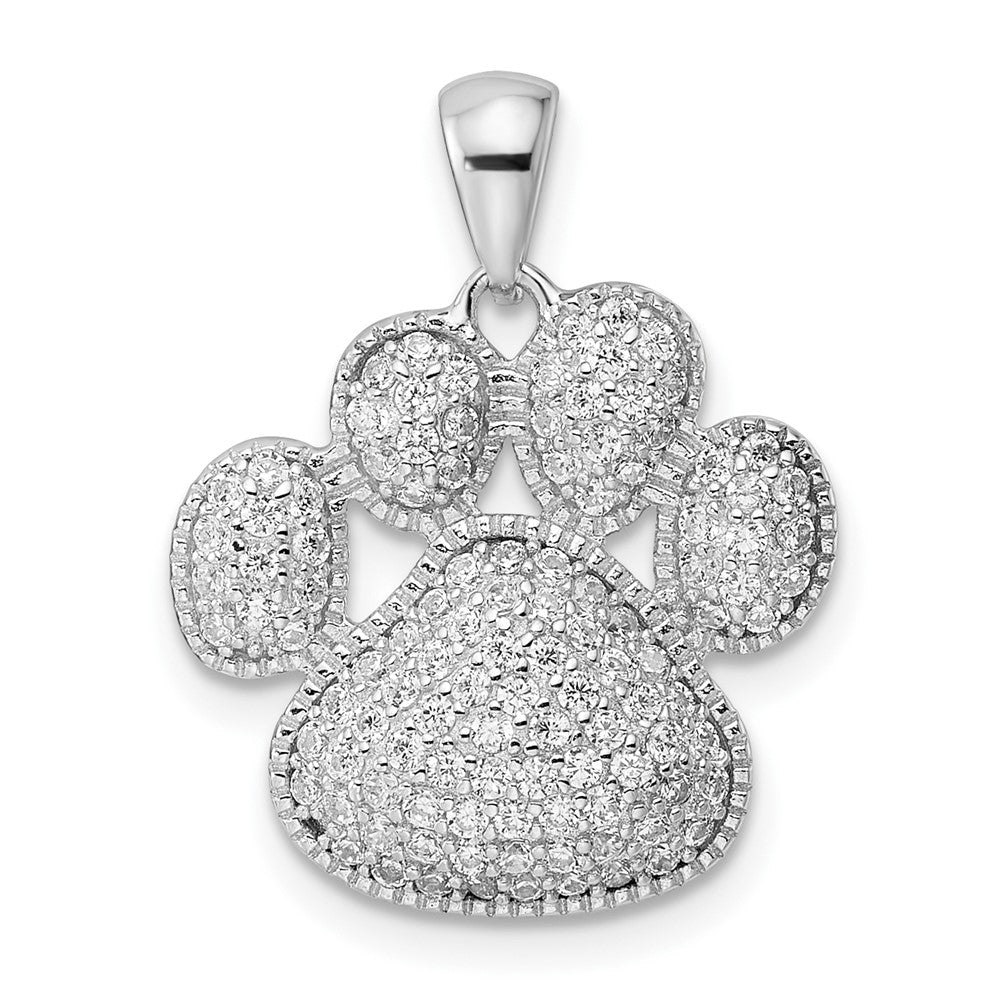 Sterling Silver Rhodium-Plated Polished Cz Paw Print Pendant