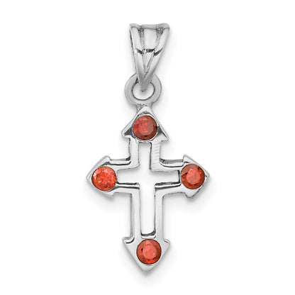 Sterling Silver Rhodium-Plated Polished Open Cross Red Crystal Pendant