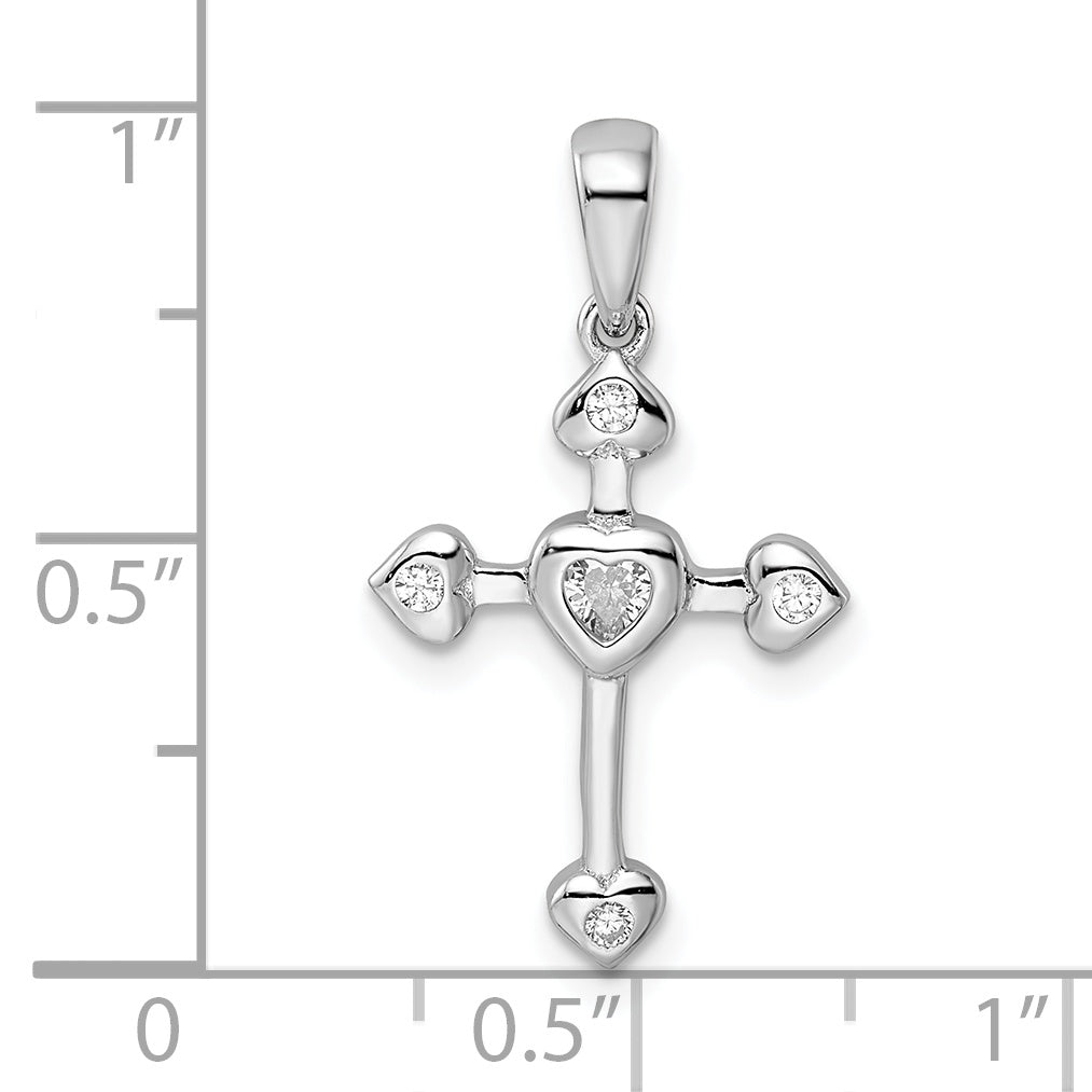 Sterling Silver Rhodium-Plated Cz Heart Cross Pendant