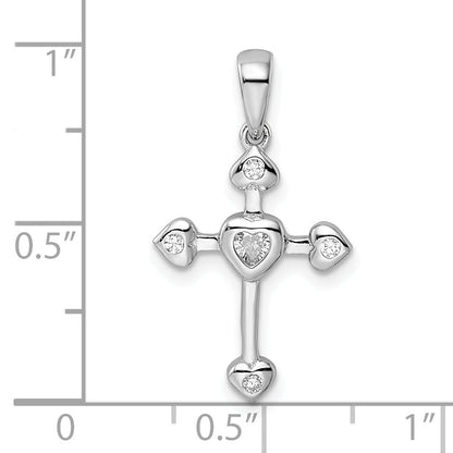 Sterling Silver Rhodium-Plated Cz Heart Cross Pendant