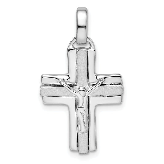 Sterling Silver Rhodium-Plated Polished And Laser Crucifix Pendant