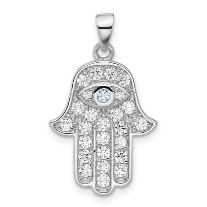 Sterling Silver Rhodium-Plated Blue and White CZ Hamsa Eye Pendant