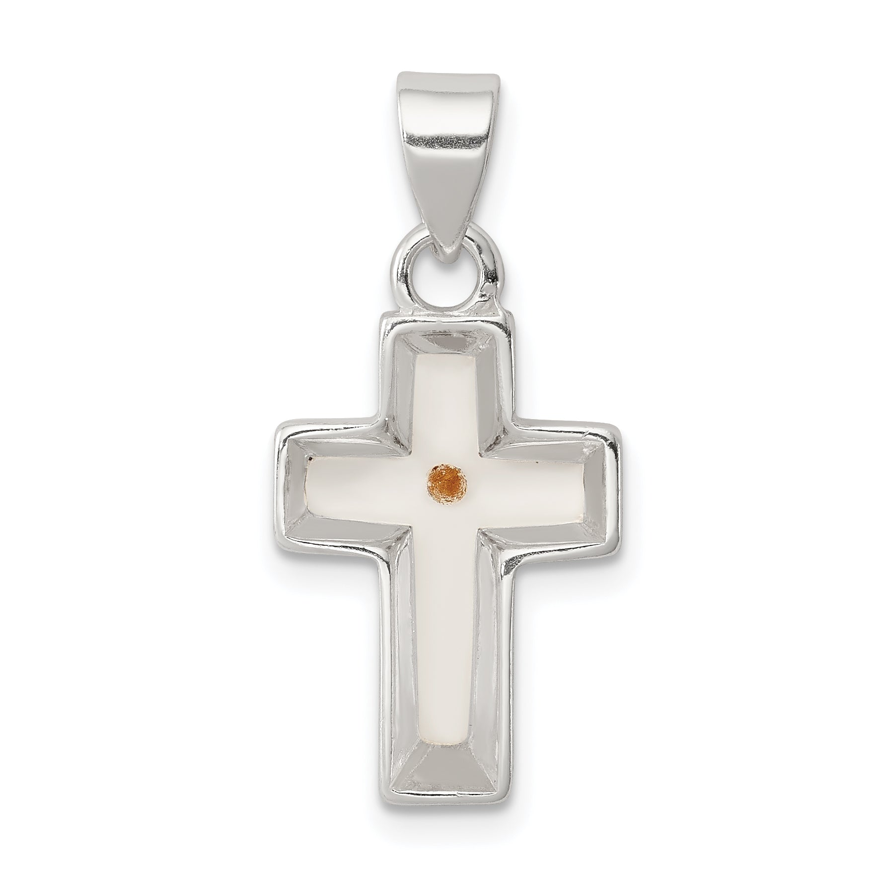Sterling Silver Rhodium-Plated Enameled Mustard Seed Cross Pendant