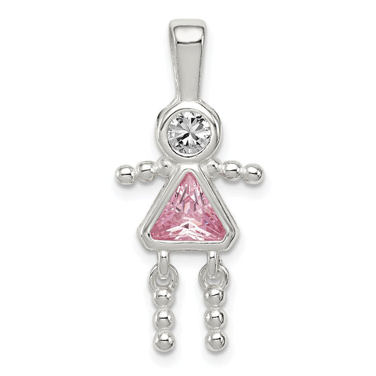 Sterling Silver Rhodium-Plated Cz & October Pink Girl Pendant