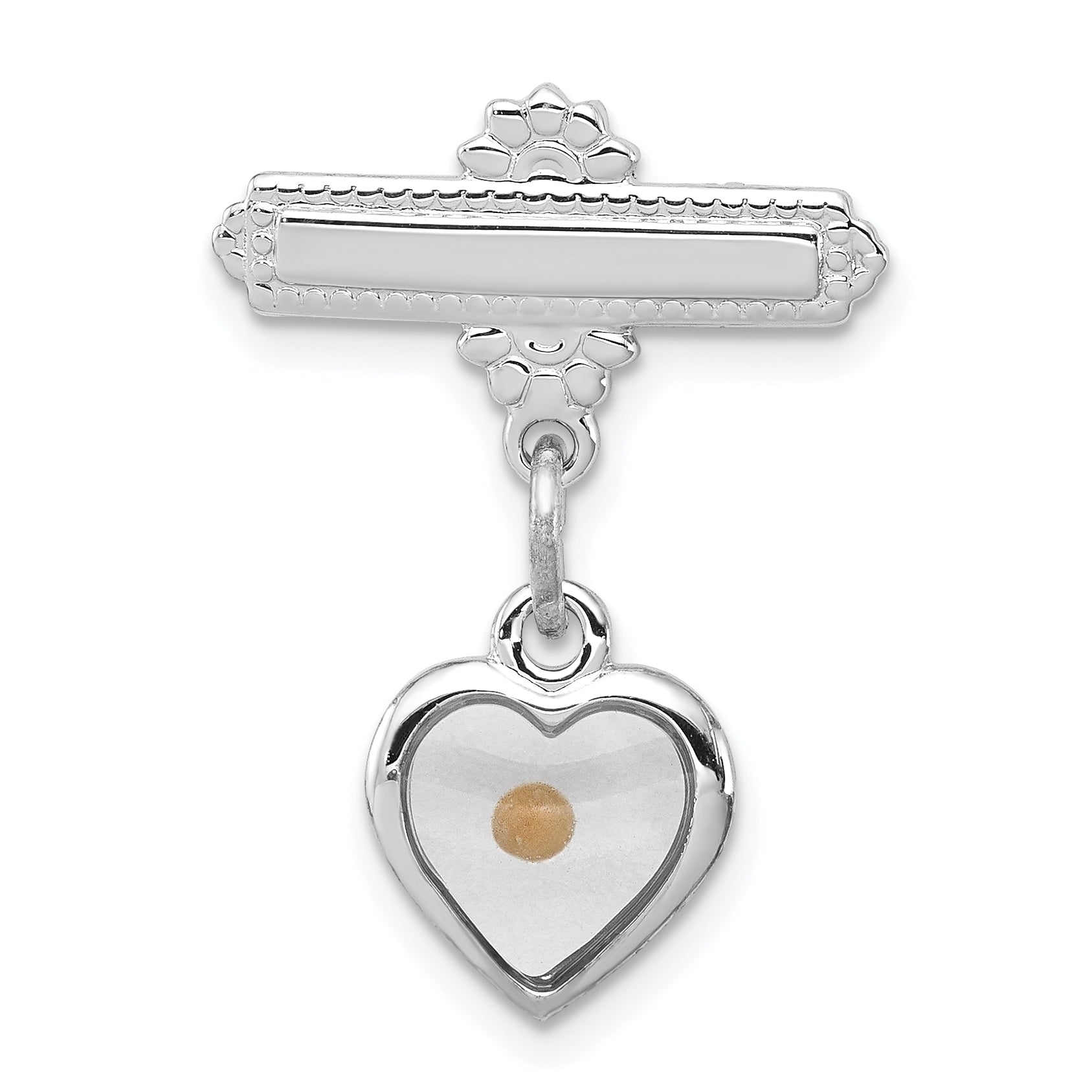Sterling Silver Rhodium-Plated Polished Heart W/ Epoxy Mustard Seed Pin
