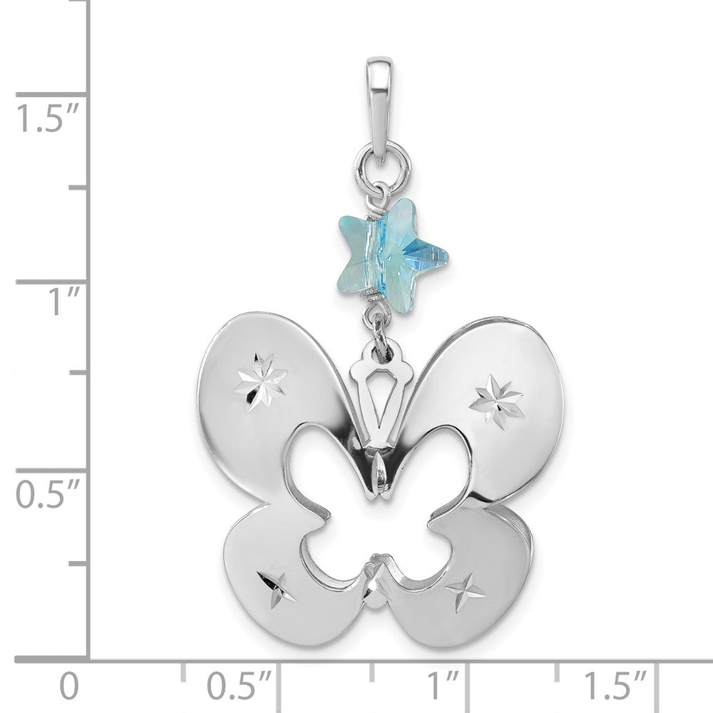 Sterling Silver Polished Diamond-Cut Butterfly W/ Blue Glass Star Pendant