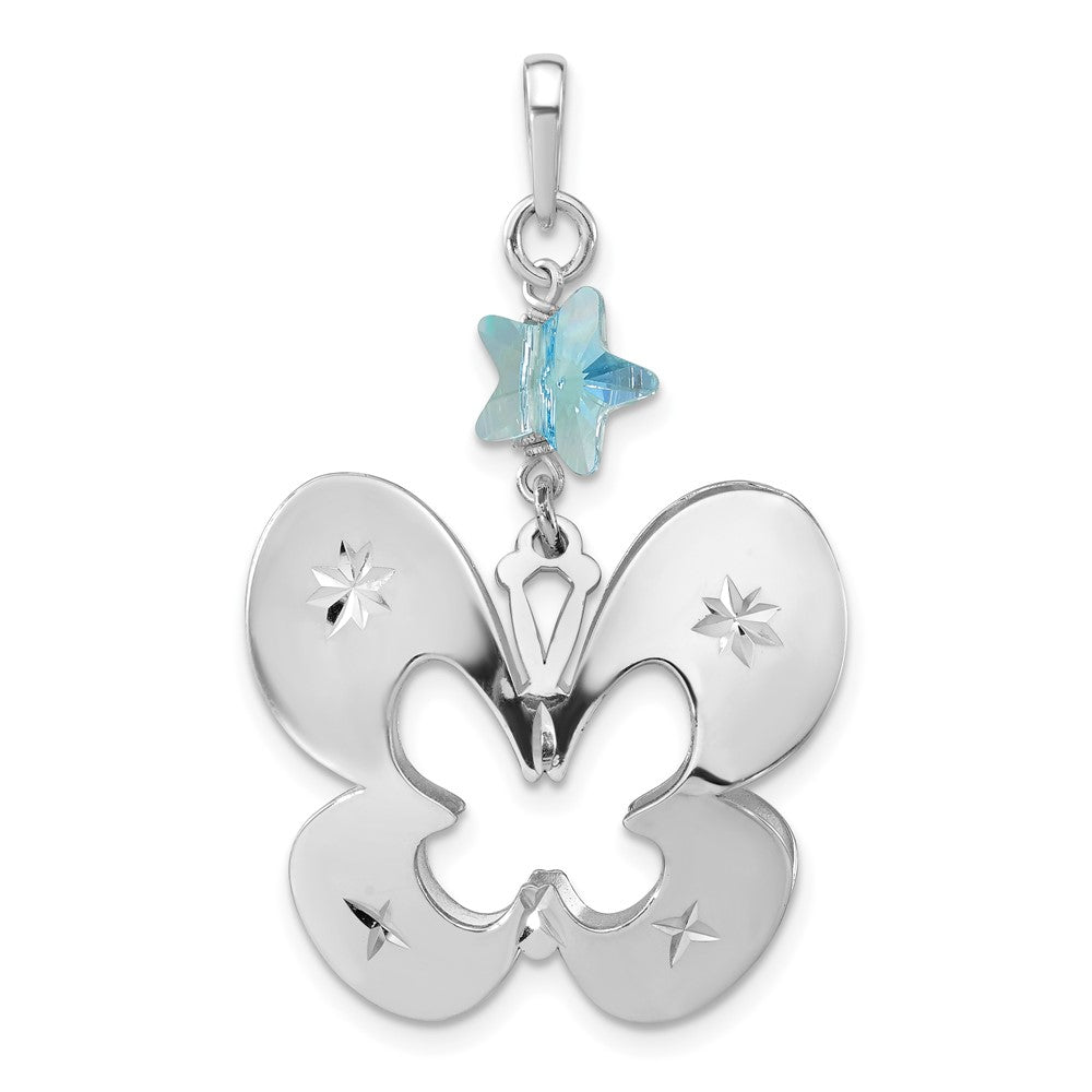 Sterling Silver Polished Diamond-Cut Butterfly W/ Blue Glass Star Pendant