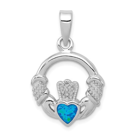 Sterling Silver Rhodium-Plated Lab Created Blue Opal Inlay Claddagh Pendant