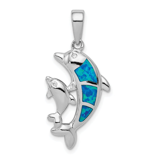 Sterling Silver Rhodium-Plated Blue Inlay Created Opal Dolphin Pendant