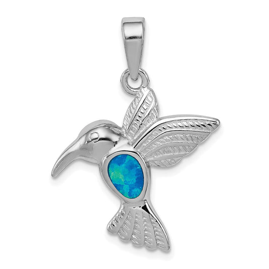 Sterling Silver Rhod Plated Creat Opal Inlay Hummingbird Pendant