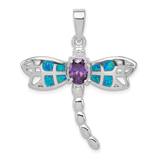 Sterling Silver Rhod Plated Creat. Opal Dragonfly Amethyst Pendant
