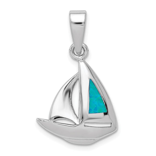 Sterling Silver Rhodium-Plated Blue Inlay Created Opal Sailboat Pendant