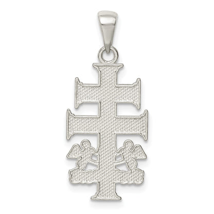 Sterling Silver Polished Caravaca Double Cross W/Angels Crucifix Pendant