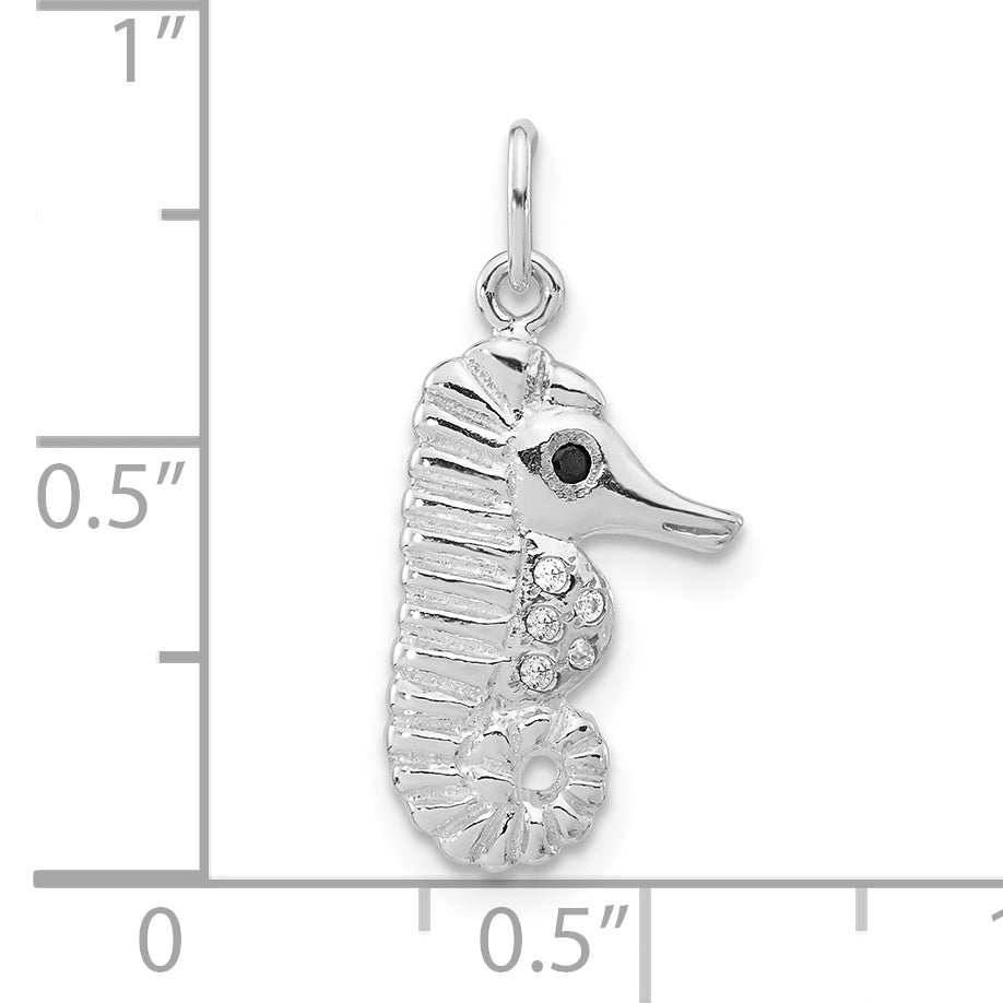 Sterling Silver Polished Black & Clear Cz Seahorse Pendant