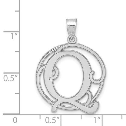 Sterling Silver Rhodium-Plated Fancy Script Letter Q Initial Pendant