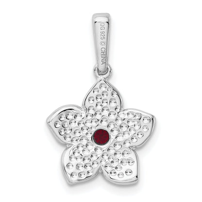 Sterling Silver Rhod-Plated Created Ruby And Enamel Flower Pendant
