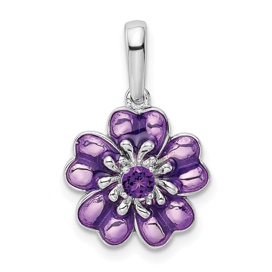 Sterling Silver Rhodium-Plated Amethyst And Enamel Pendant