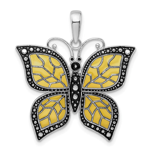 Sterling Silver De-Ani Rhodium-Plated Polished Enameled Yellow Butterfly Pendant